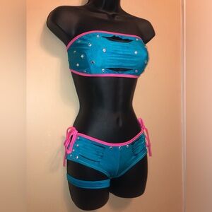 🦋Pink & Blue 3 piece Slash & Rhinestone Rave/Dance Outfit